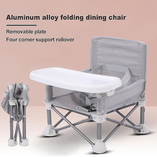 Barnestol med brett, bærbar sammenleggbar boosterstol, justerbar, avtakbar, camping, plen, barnebord, søt, robust Gray