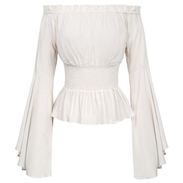 Retro dam Renaissance blustoppar medeltida viktoriansk off-shulder långärmad skjorta White XL