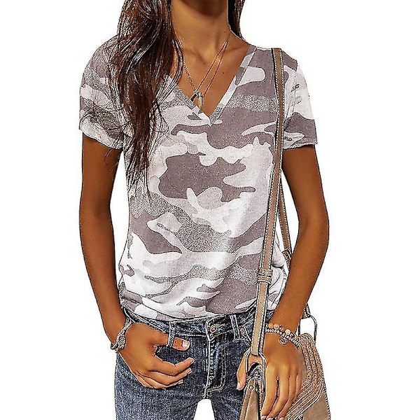 Kesäinen Camouflage T-paita Naisille V-kaula-aukolla ja Lyhyillä Hihoilla Gray M