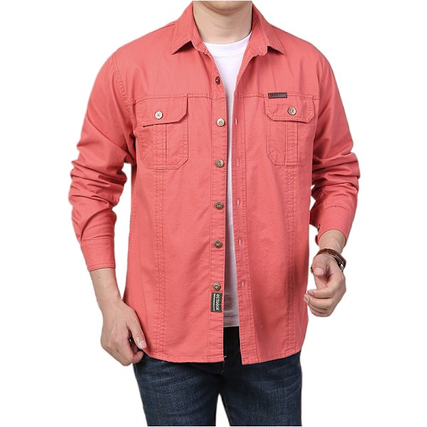 Herre skjorte ensfarget avslappet løs langermet skjorte herre arbeidsklær lommedesign stil jakke red 4XL-195