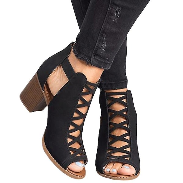 Kvinnors Casual Block Klack Open Peep Toe Zip Up Ankel Boots Sandaler Black  37 b569 | Black | 37 | Fyndiq