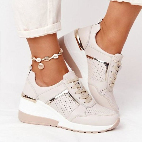 Snörning Wedge Sports Snickers Vulkaniserade Casual Comfy Shoes för kvinnor white 40
