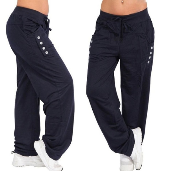 Dame Ensfarvede Elastiske Talje Snøre Vide Ben Bukser Fuld Længde Afslappede Løse Lange Bukser Sports Jogging Sweatpants Navy Blue 4XL