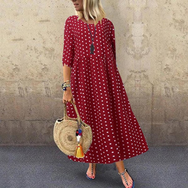 Kjoler til Kvinder O-hals Polka Prikker Trekvart Ærme Boheme Kjole White 2XL