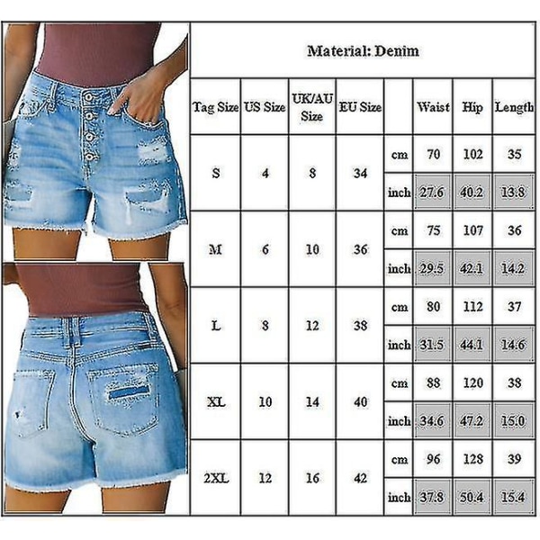 Dame Højtaljede Denim Shorts Multi Knap Flåede Hot Pants Sommerferie Shorts 2XL