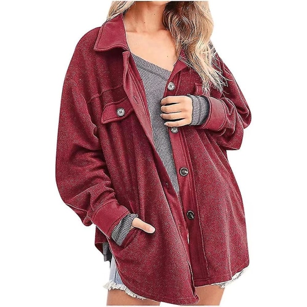 Lös Passform Damjacka Knäppning Polar Fleece Ytterkläder Kappa Med Fickor Red XS