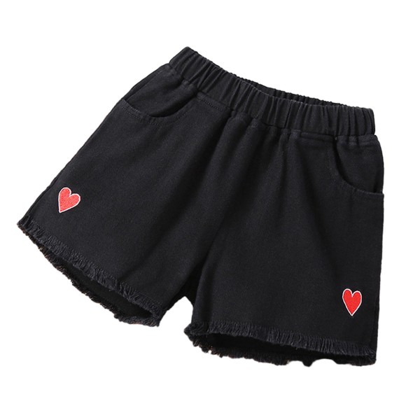 Løse denimshorts til piger med hjertebroderi, afslappede og komfortable shorts til tur, hverdag og hjem Black 160cm