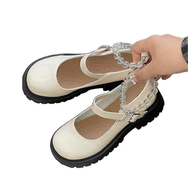 Kvinnor Slip On Lolita Shoe Uniform Leather Comfort Rund Toe Platform Mary Jane Shoes Beige Style A EU 38