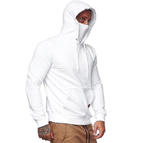 Herr Enfärgad Sport Huvtröja med Mask Långärmad Pullover Hoodie White XL