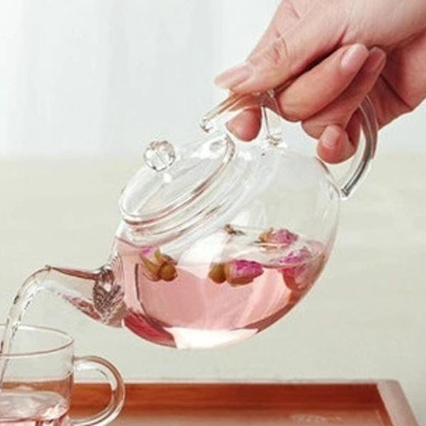 Blommande te, tekanna med lösa blad med glasfilter, säkert lock, diskmaskin, spis
