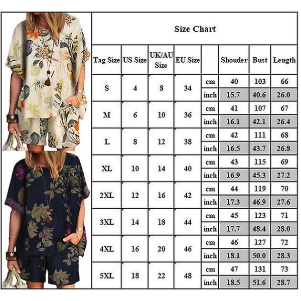 Dam Retro Print Sommar Casual Lös Klädsel Kortärmad T-shirt + Shorts Set Plus Size Khaki 4XL