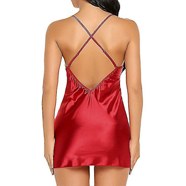 Dame Satin Silke Natkjole Blonde Lingeri Natbeklædning Sleepwear Cami Slip Kjole Red L