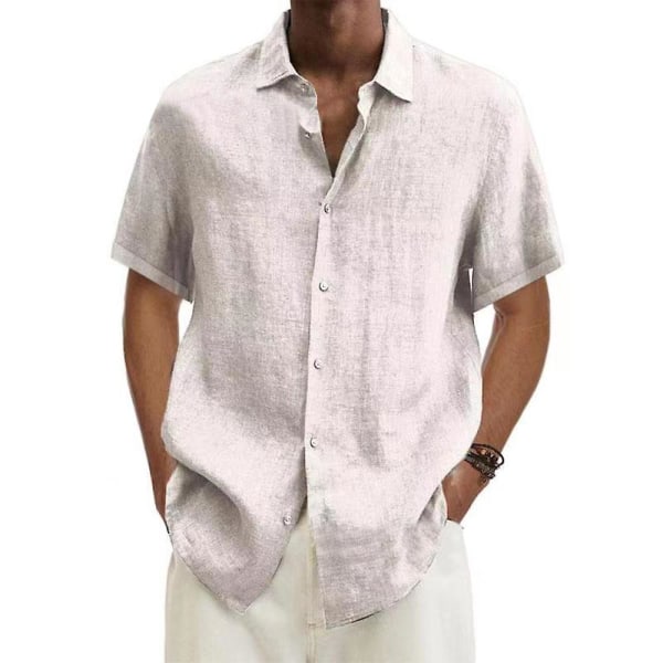 Män Solid Summer Kortärmade Casual Skjortor Lapel T-shirt Button Up Tee Tops Plus Size White 2XL