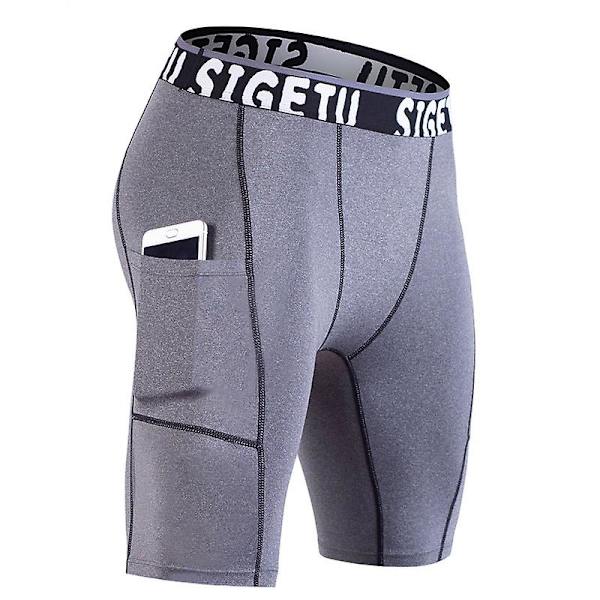 Løbetights shorts til mænd med lomme, hurtigtørrende elastiske sports compression gym shorts sommer fitness sweatpants Gray XL