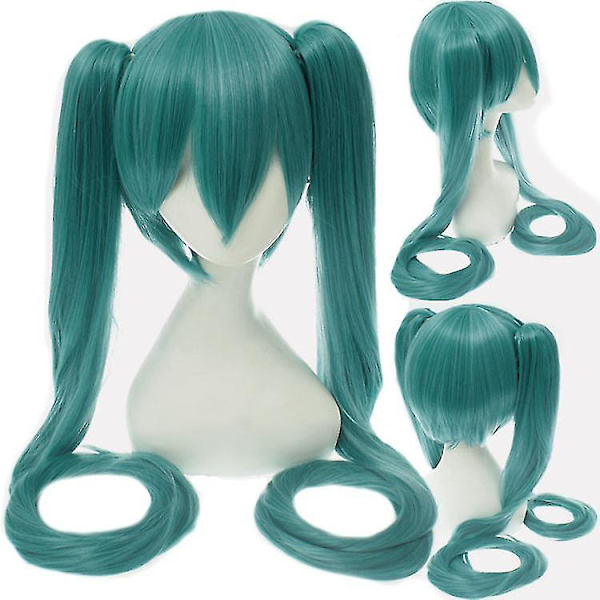 Lång Rak Peruk Med 2 Hästsvansar Hatsune Miku Cosplay Peruk Blackish Green