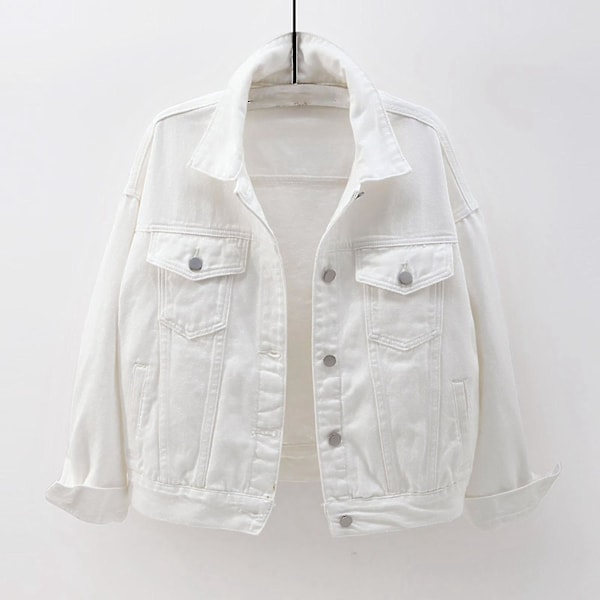 Dam Vår och Höst Jackor Varm Enfärgad Långärmad Jeansjacka Ytterkläder White L