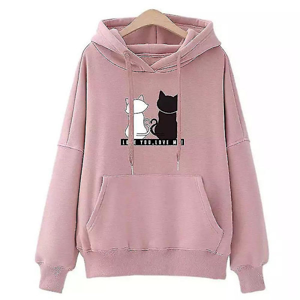 Dame Katteprint Hættetrøje Afslappet Løs Poset Snøre Hættetrøjer Pullover Toppe Pink L