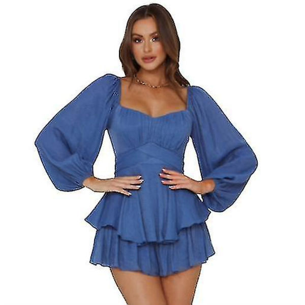 Långärmad minishorts-romper med volanglager och knytning för dam Blue L