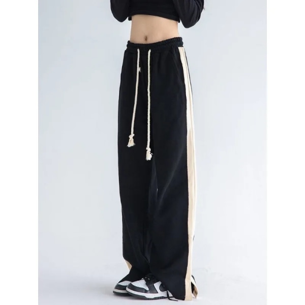 Deeptown Mustat Lämpimät Verryttelyhousut Naisille Talvi Tilkkutäkki Löysät Rento Jogging Nainen Harajuku Vintage Suorat Housut Korealainen Tyyli Musta Ohut Black thin L