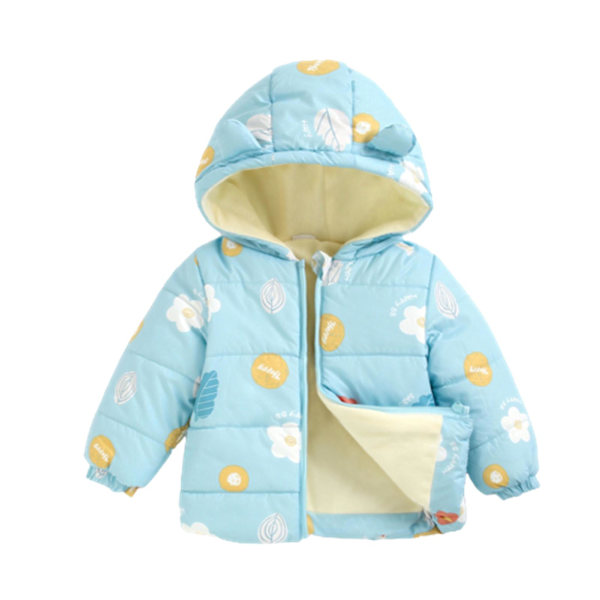 Børne Printet Hættetrøje Puffer Jakke Lynlås Vinter Kort Frakke Med Ørepynt Light Blue 120cm