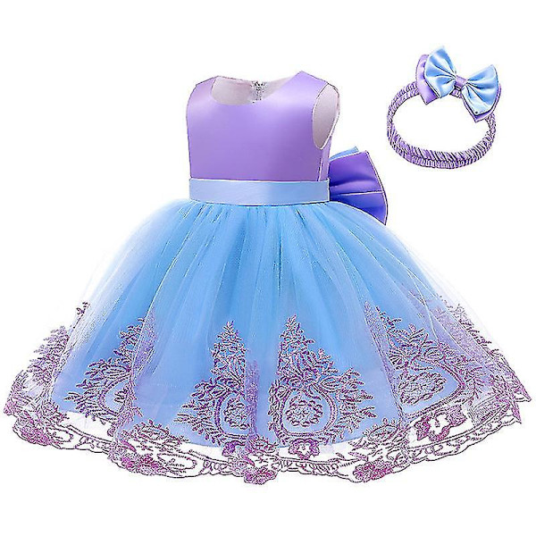 Flickor Prinsessklänning Ärmlös Tyll Broderad Rosett Prinsessklänning Med Huvudbonad Halloween Föreställningsdräkter Light blue 100cm
