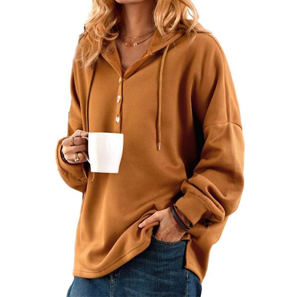 Naisten yksivärinen hupullinen collegepaita, rento, löysä, kiristysnyörillinen huppari, napillinen Henley-paita Brown XL