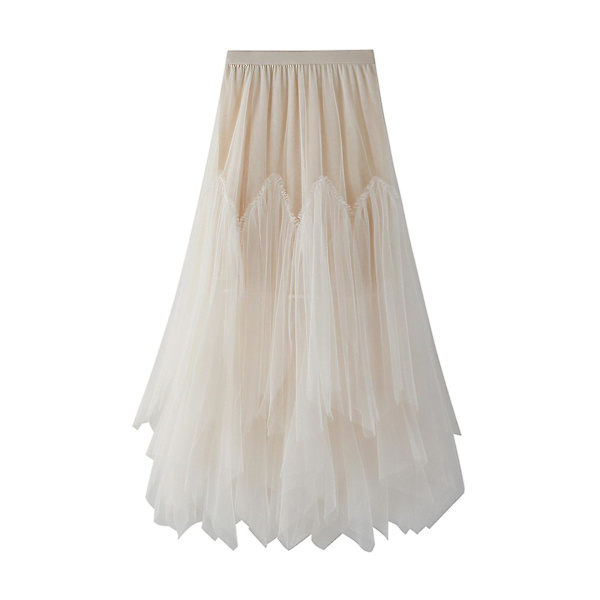 Oregelbundna Långa Tyllkjolar för Kvinnor Elastisk Hög Midja Mesh Tyll Tutu Maxikjol Beige M