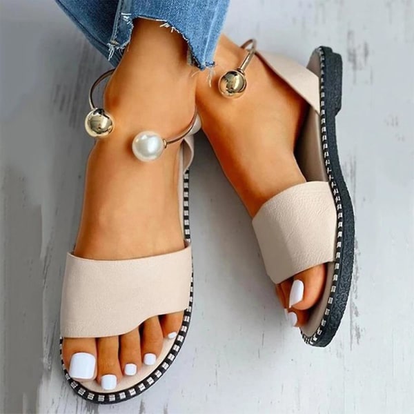 Kvinnors öppen tå Ankel Pearl Ring Slingback Sandaler Sommar Casual Flat Shoes Khaki 37