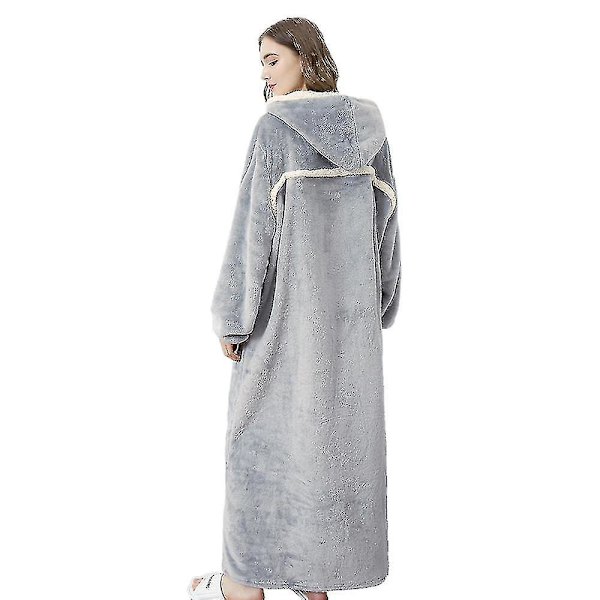Dam Varm Morgonrock med Huva Mjuk Bekväm Flanell Lång Badrock Grey M