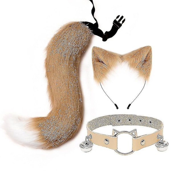 Furry Kattöron Fox Svans Bell Halsband Set Halloween Party Tillbehör Lolita Simulation Päls Plysch Huvudbonader Cosplay Rekvisita Hög Kvalitet Khaki