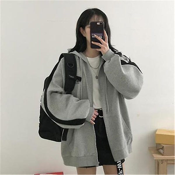 Damhuvtröja med dragkedja, enfärgad ficka, sweatshirt, höst, långärmad, lös basebolljacka BLACK GREY L