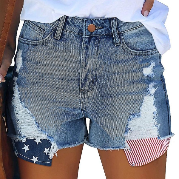 Kvinnors Ripped Frayed Denim Shorts Flag Print Distressed Casual Hot Pants M