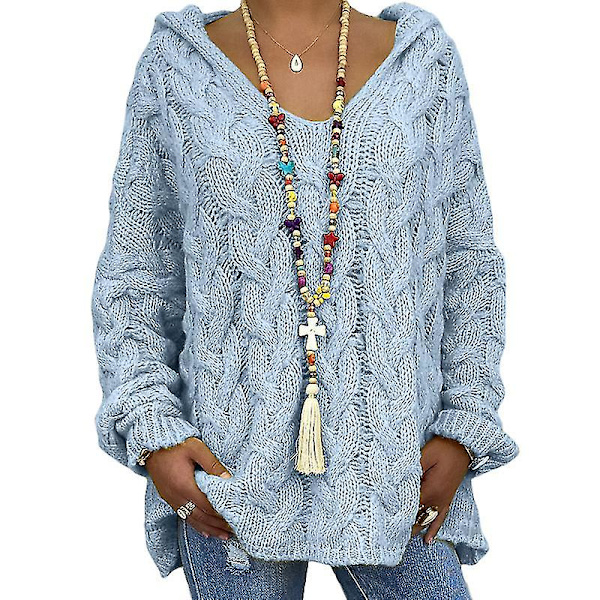 Långärmad stickad tröja för damer, arbets-hoodies, varm hoodie-tröja för vintern Sky Blue XL