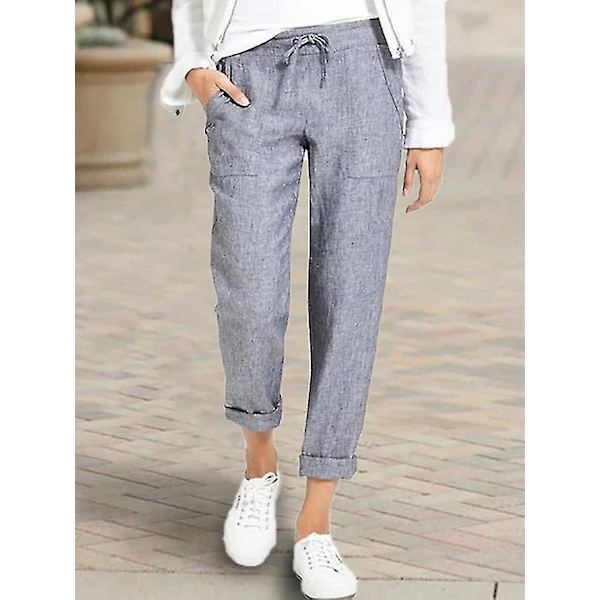 Løse damebukser i bomull og lin, fritidsbukser i ensfarget design med lommer grey 4XL