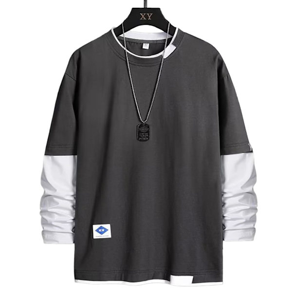 Miesten pyöreäkauluksinen pusero, kontrastivärinen, pitkähihainen T-paita rentoon päivittäiseen käyttöön, juhliin ja kouluun 352 Gray 2XL