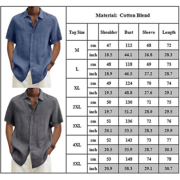 Män Solid Summer Kortärmade Casual Skjortor Lapel T-shirt Button Up Tee Tops Plus Size Dark Grey 2XL