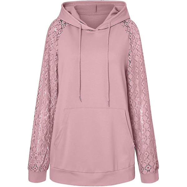 Dame Hættetrøjer Blonde Patchwork Langærmet Hættetrøje Casual Mode Tunika Pullover Stilfuld Elegant Sweatshirt Snøre Jumper Toppe Med Lommer Pink L