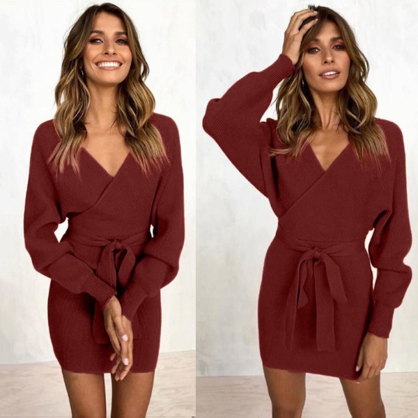 Kvinnors sexiga korta tröjklänning med lång ärm och löst band för strandkläder Wine Red 2XL
