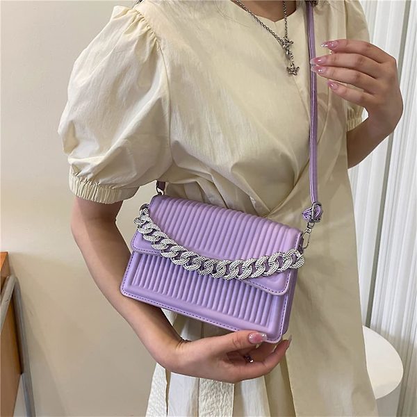 Dam Crossbody Väska - Liten Crossbody Väska Mode Enfärgad Läder Vertikalt Mönster Kedja Axelremsväska Messenger Handväska Purple