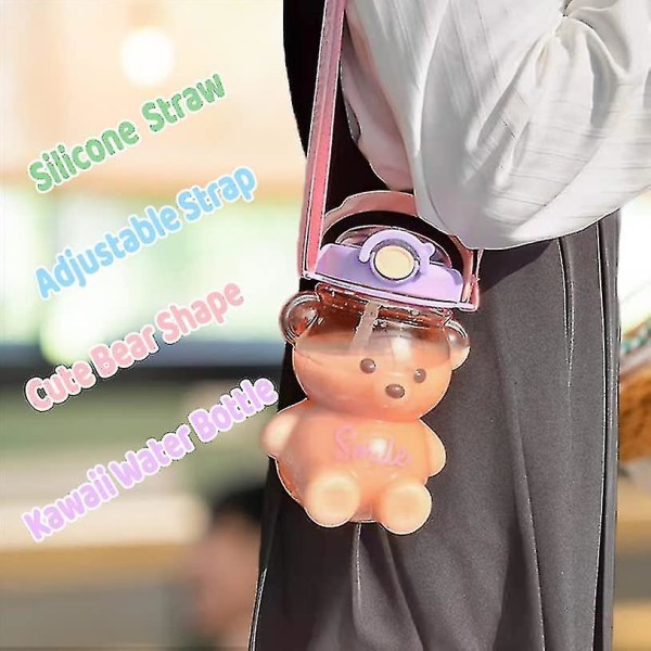 Björn Vattenflaska med Sugrör, Kawaii Läcksäker Vattenkanna med Justerbar Axelrem Purple 1400ml