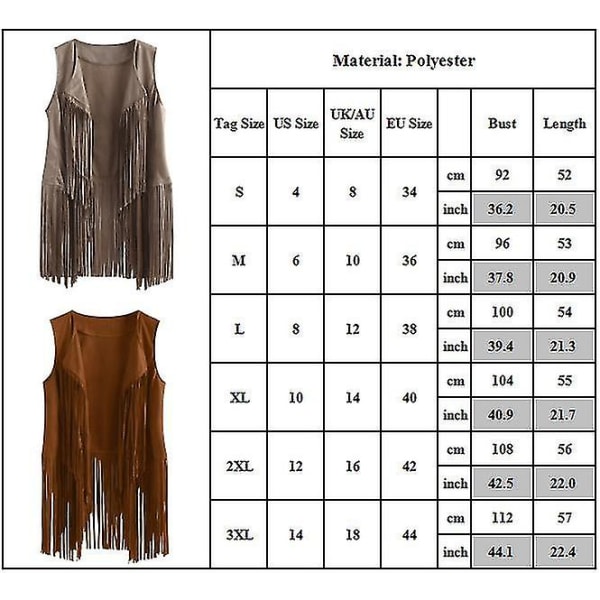 1970-tals Dam Tofs Ärmlös Kavajväst 70-tals Hippie Faux Mocka Fransad Väst Jacka Kofta Khaki 3XL