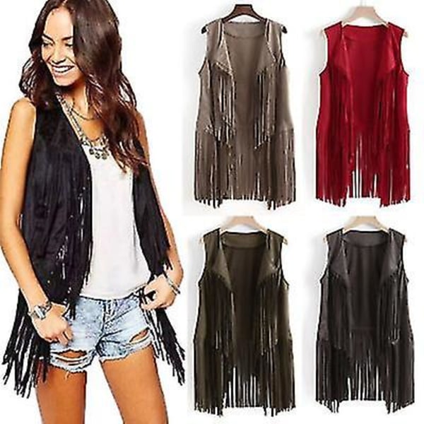 Kvinnor Faux Mocka Ärmlös för jacka Fringe Tofsar 70-tal Hippie Open Front Cardigan Gray L