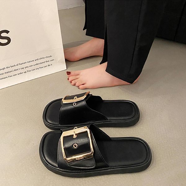 Sommarsandaler för damer, halkfria, snabbtorkande, tjocka, med spänne, dekorativa tofflor, födelsedagspresenter till damer Black 39