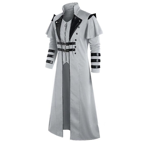 Vintage Halloween keskiaikainen steampunk-tyylinen salamurhaaja haltia merirosvo asu aikuisille miehille musta pitkä halkio takki goottilainen panssari nahkatakit Gray S