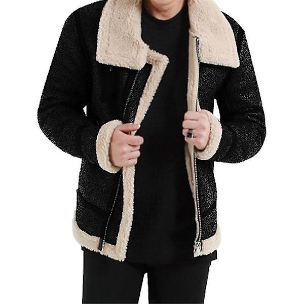 Herr Faux Lammskinn Fodrad MC-jacka Dragkedja Tjock Ytterkläder Black XL