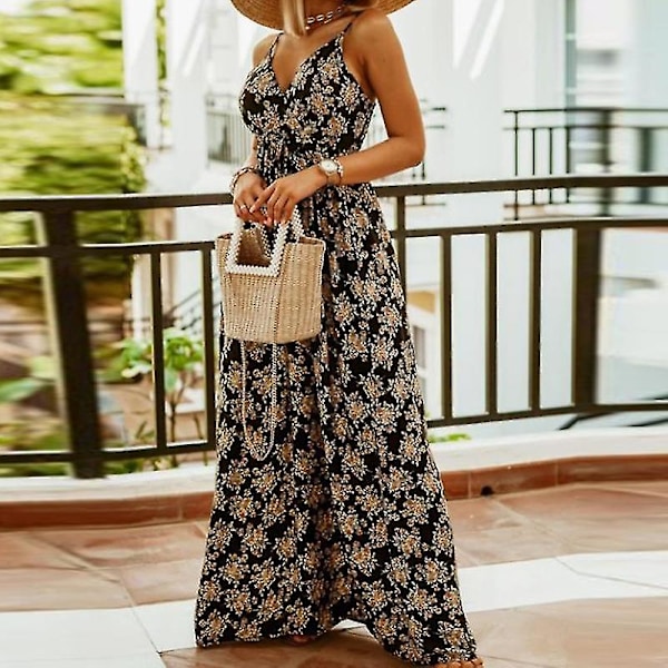 Ärmlös Boho Blommig Slipklänning Dam V-ringad Semester Strand Maxiklänning Black L
