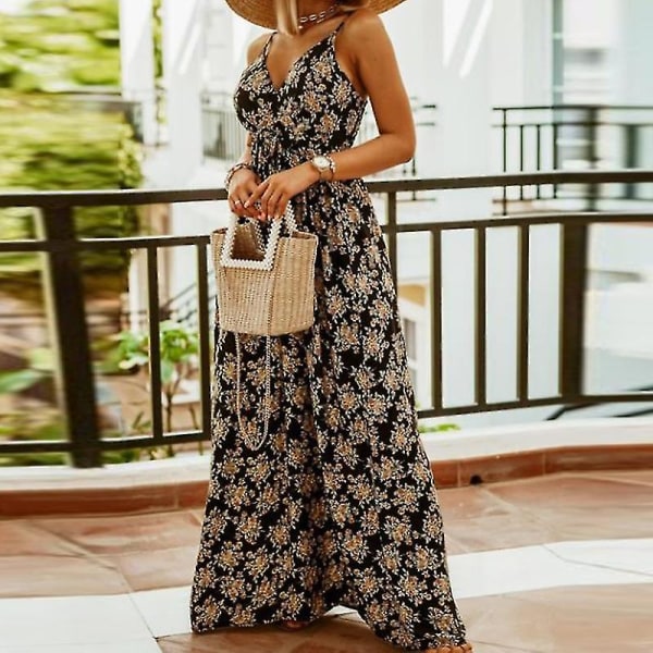 Naisten hihaton boho-kukkakuvioinen slip dress, V-aukkoinen maksimekko naisille loma- ja rantakäyttöön Black L