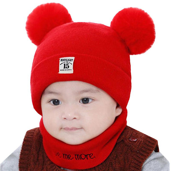 Baby Barn Pojke Flicka Päls Pom Pom Mössa Halsduk Set Tofs Vinter Stickad Mössa Red
