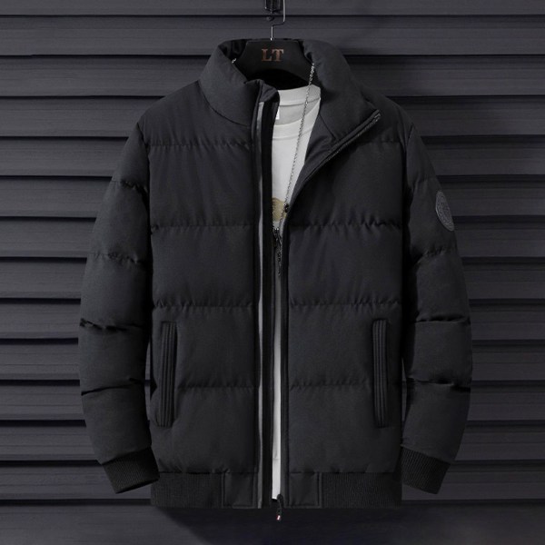 Varm, avslappet vinterjakke for menn, enkel stil, vindtett topp med ståkrage, mykt stoff, tykk og varm topp Black 2XL