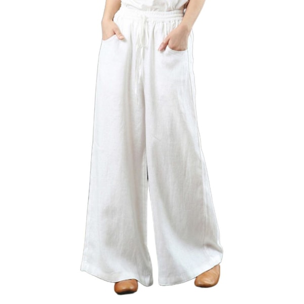 Dame Ensfarget Elastisk Midje Lange Bukser Palazzo Vår Sommer Casual Snøring Løse Vide Ben Bukser Med Lommer White 2XL